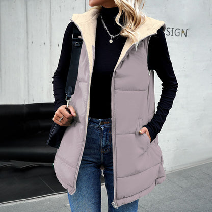 Women Loose Winter Vest Mid-length Hooded Cotton Jacket With Pockets Warm Fluffy Coat | Nowena