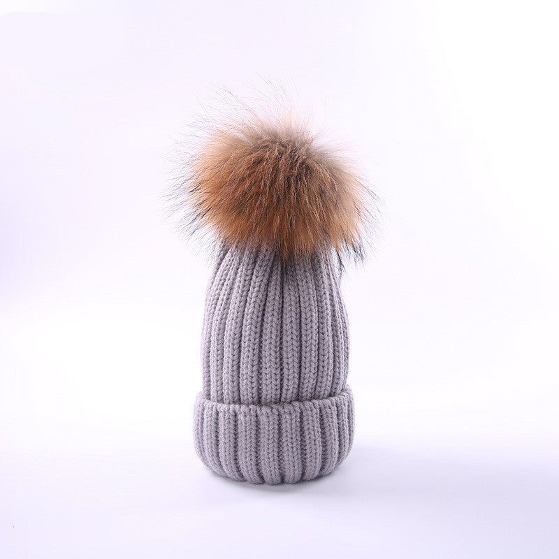 Unisex Kids Autumn and Winter Furry Ball Knitted Children's Wool Hat