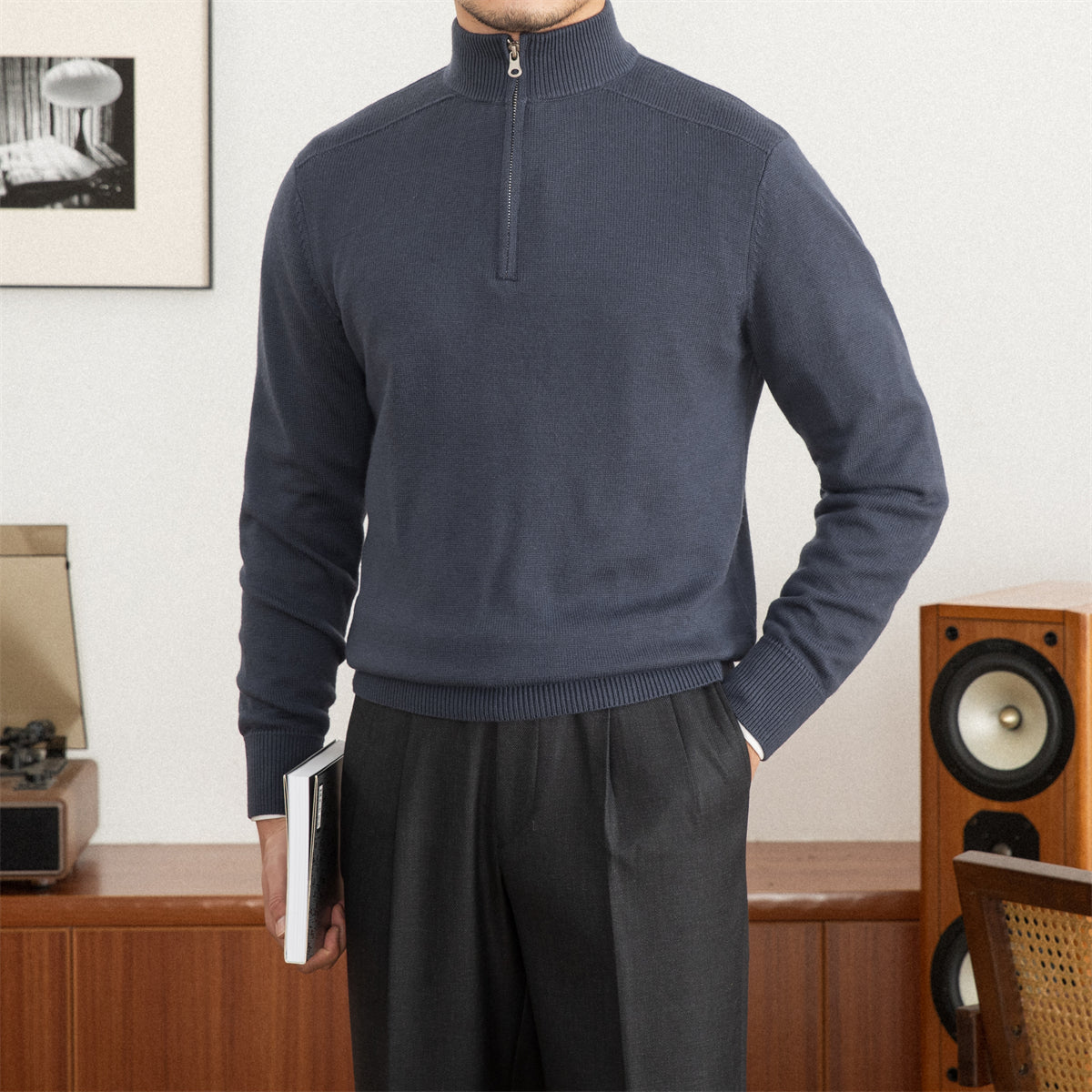 Commuter Slim-fit Stand-up Collar Zipper Wool Sweater | Nowena