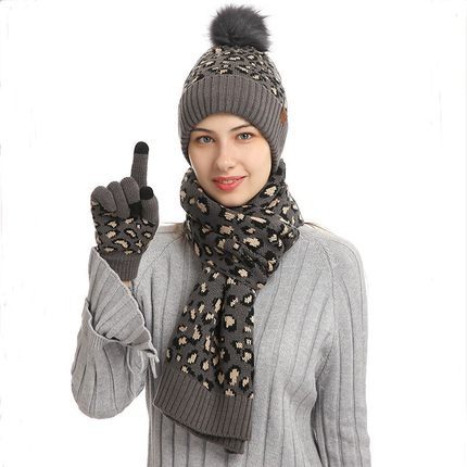 Winter Leopard Print Warm Knitted Wool Hat Scarf Gloves Three Piece Set | Nowena