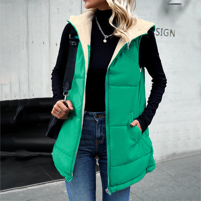 Women Loose Winter Vest Mid-length Hooded Cotton Jacket With Pockets Warm Fluffy Coat | Nowena