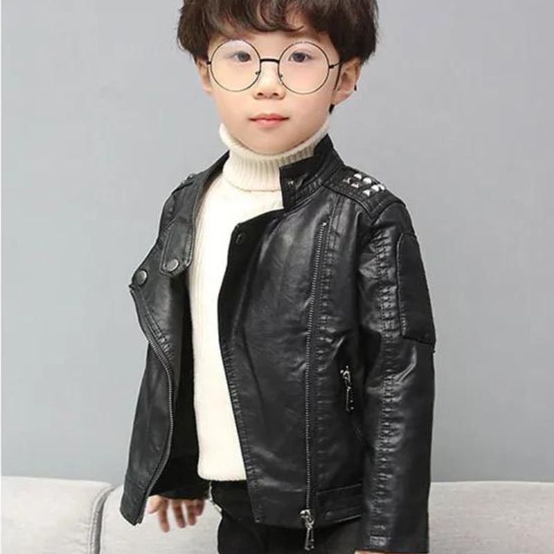 Kids Solid Color Leather Jacket Zip Up Coat Outerwear