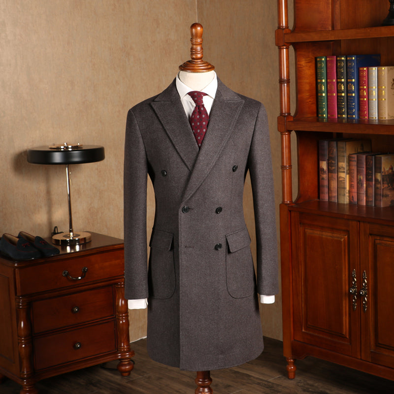 Herringbone Woolen Slim Fit Men's Mid Length Double Breasted Coat | Nowena