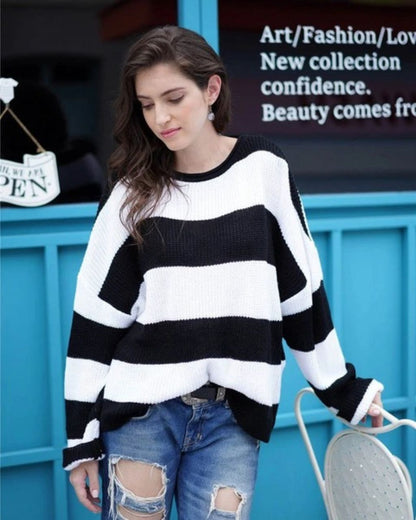 Womens Striped Loose Knit Sweater