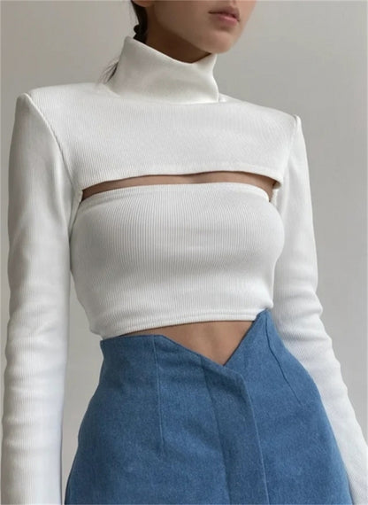 Hollow High-neck Ribbed Sweater Long-sleeved Tight-fitting Crop Top  | Nowena