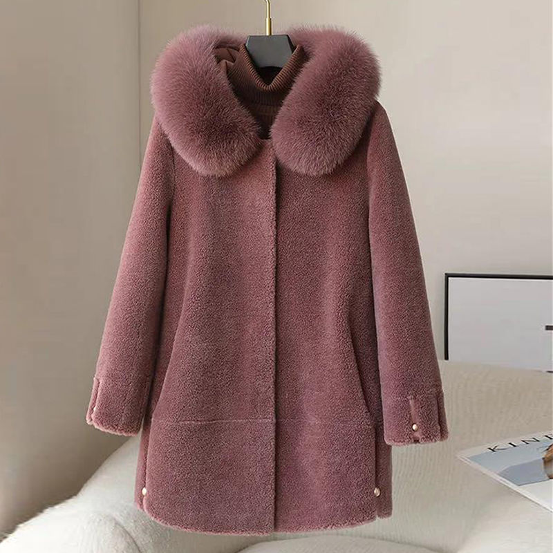 Women's Fox Fur Collar Hooded Sheep Shearling Coat | Nowena