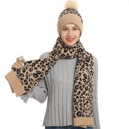 Winter Leopard Print Warm Knitted Wool Hat Scarf Gloves Three Piece Set | Nowena