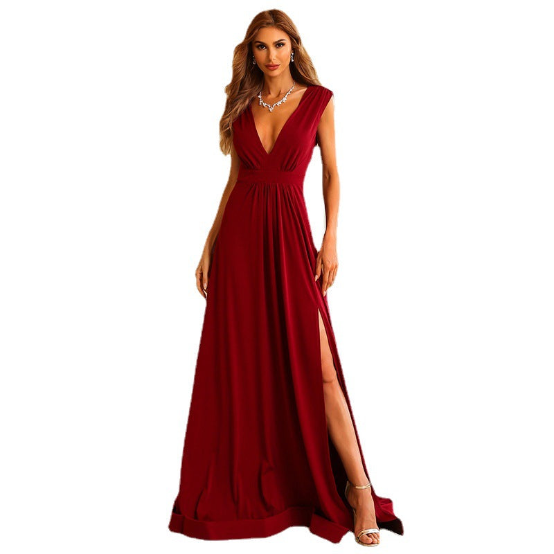 Red Deep V-neck Temperament Long Section Thin Back Evening Dress Women | Nowena