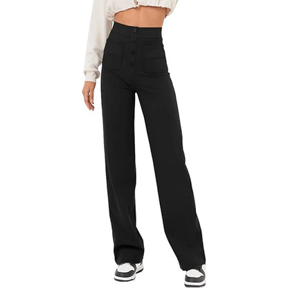 New Fall Women's Clothing High Waist Pocket Wide Leg Button Casual Baggy Straight Trousers Trousers