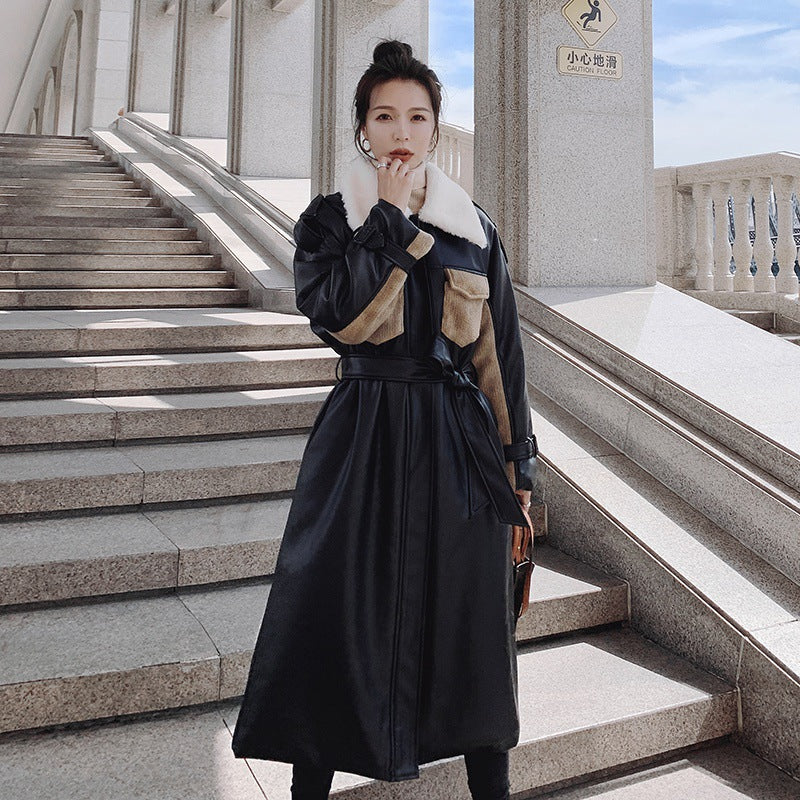 Womens Medium Long Winter Plush Thickened Cotton Black Leather Coat | Nowena
