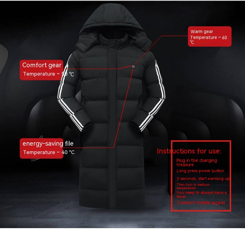 Mens Extra Long Puffer Coat Electric Heated Jacket With Stripes On Sleeves | Nowena