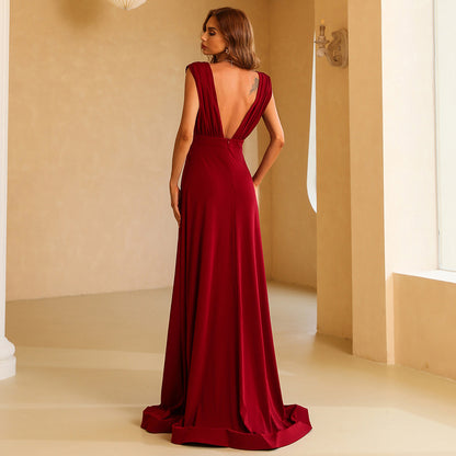 Red Deep V-neck Temperament Long Section Thin Back Evening Dress Women | Nowena