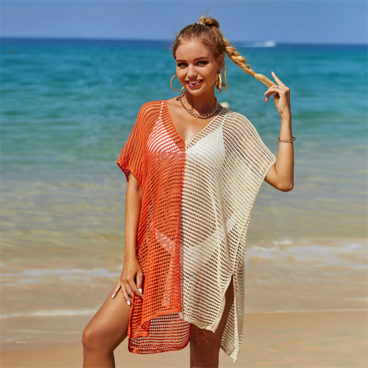 Beach Hollow Out Tops Cover-Up Knit Bikini Over-Blouse