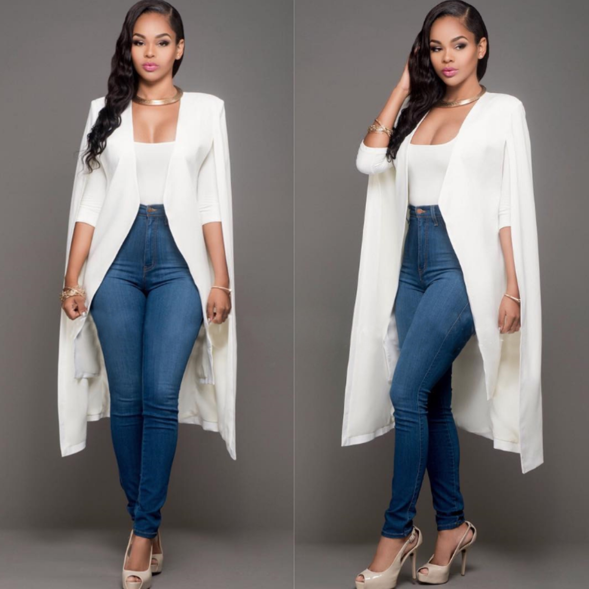 Elegant  Women's Solid Color Cloak  Blazer White