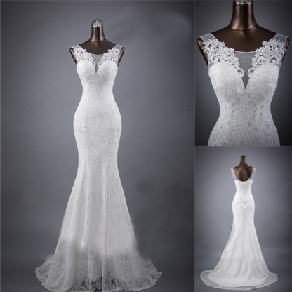 Lace slim and thin double shoulder tail sexy wedding dress