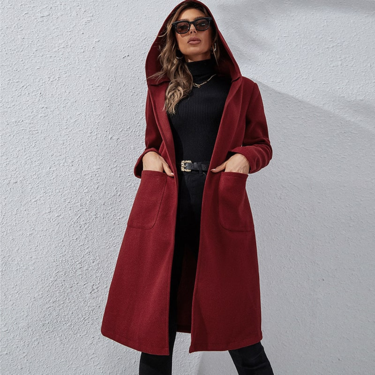 Women Long hooded Red Winter Coat 