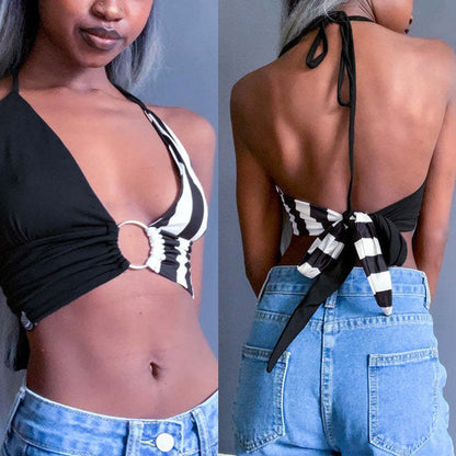 Women's Black And White Striped Color Contrast Patchwork Vest | Nowena