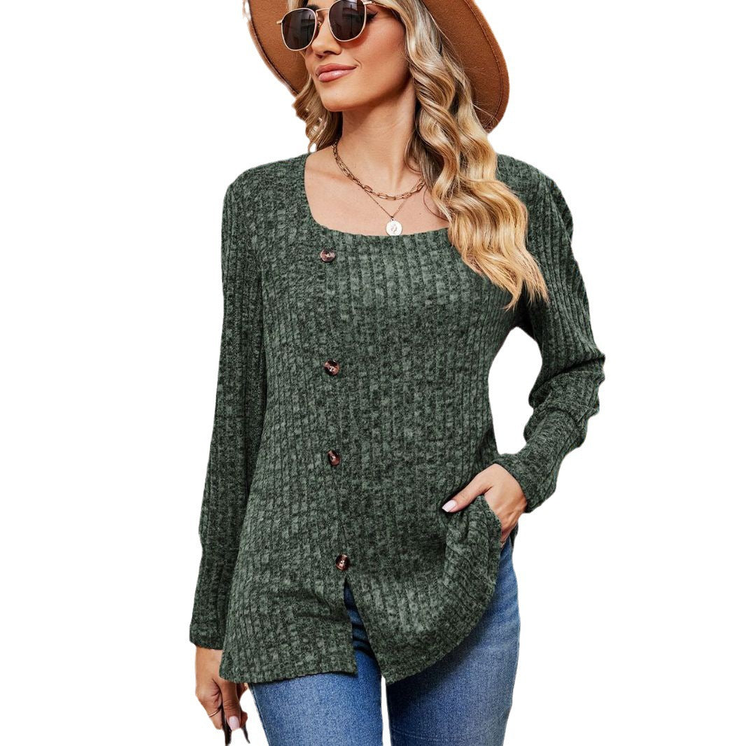 Women's Fashion Casual Loose Square Collar Button Long Sleeve Top | Nowena