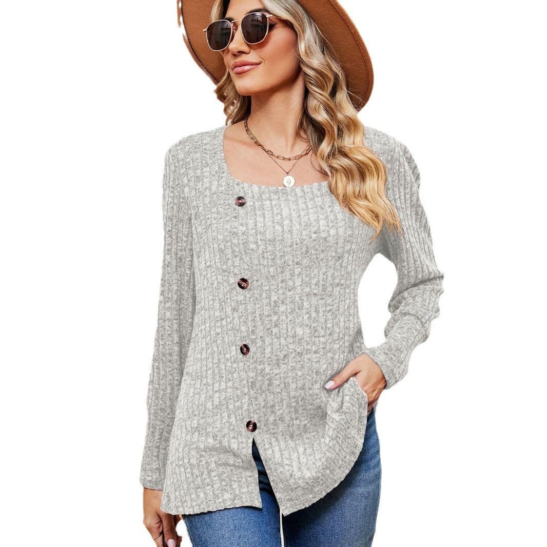 Women's Fashion Casual Loose Square Collar Button Long Sleeve Top | Nowena