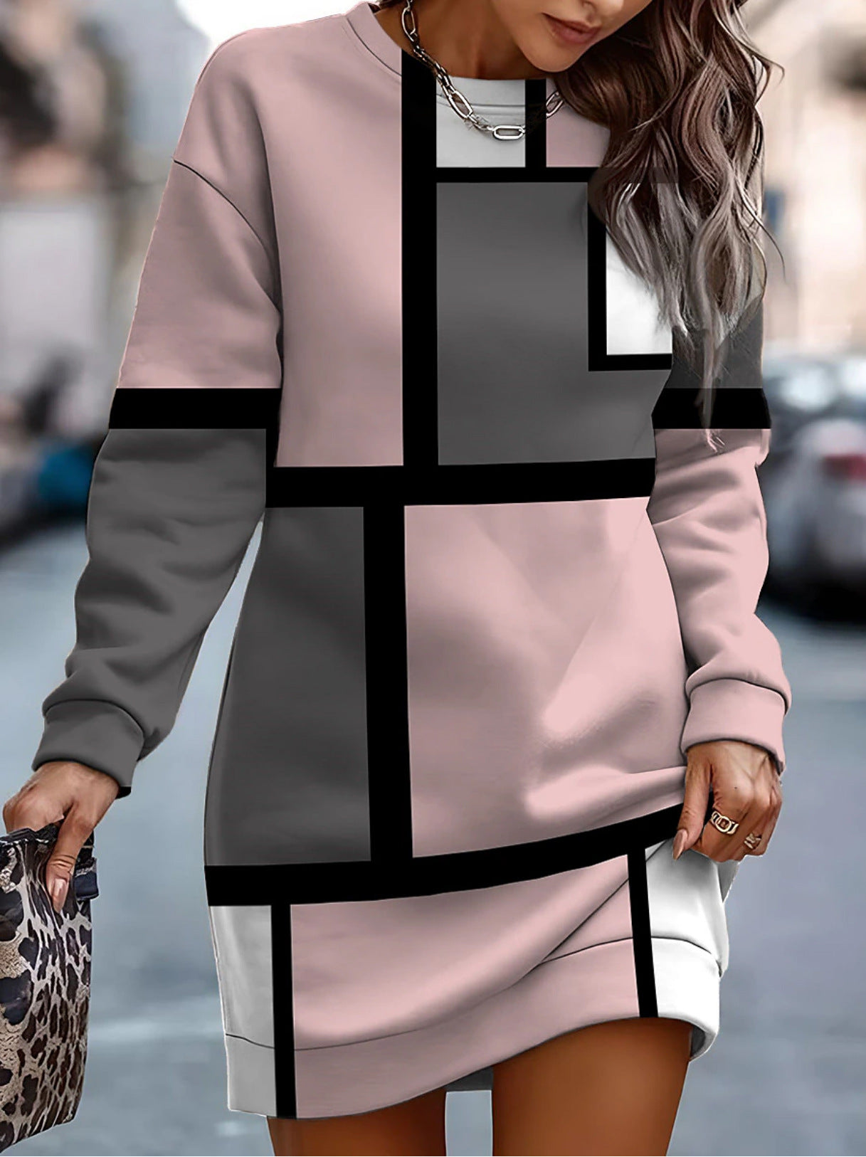 Printed Contrast Color Round Neck Sweater Dress | Nowena