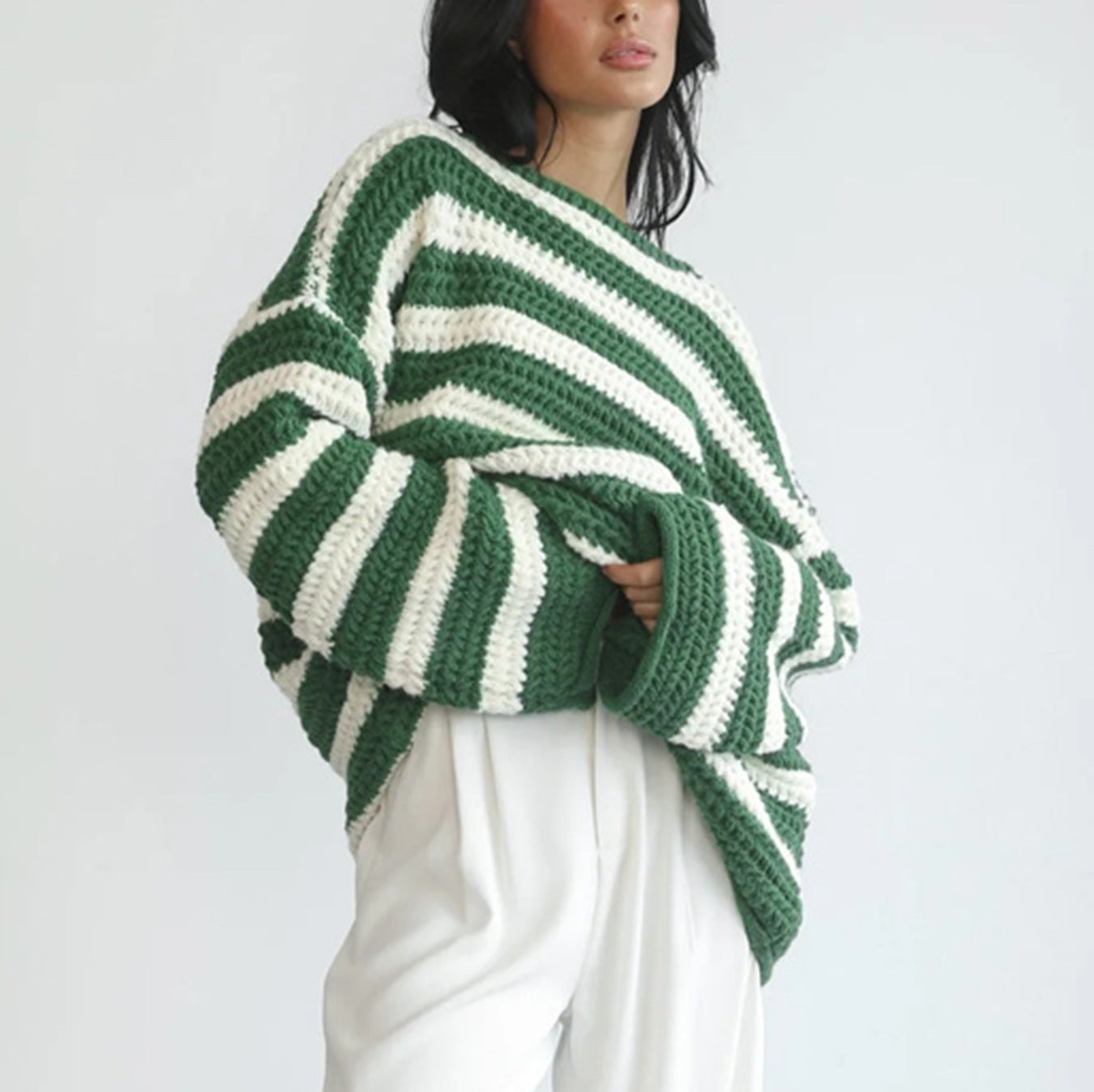 Women's Loose Off Shoulder Striped Long-sleeved Sweater | Nowena