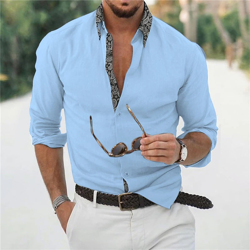 Men's Long Sleeve Color Matching Lapel Shirt