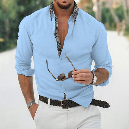 Men's Long Sleeve Color Matching Lapel Shirt