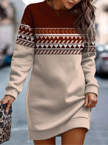 Printed Contrast Color Round Neck Sweater Dress | Nowena