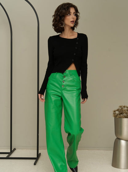 Straight Casual Button Leather Trousers For Women