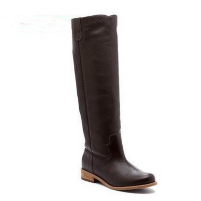 Women Leather Low-heeled Round Toe Slip-On Knee Thigh Boots