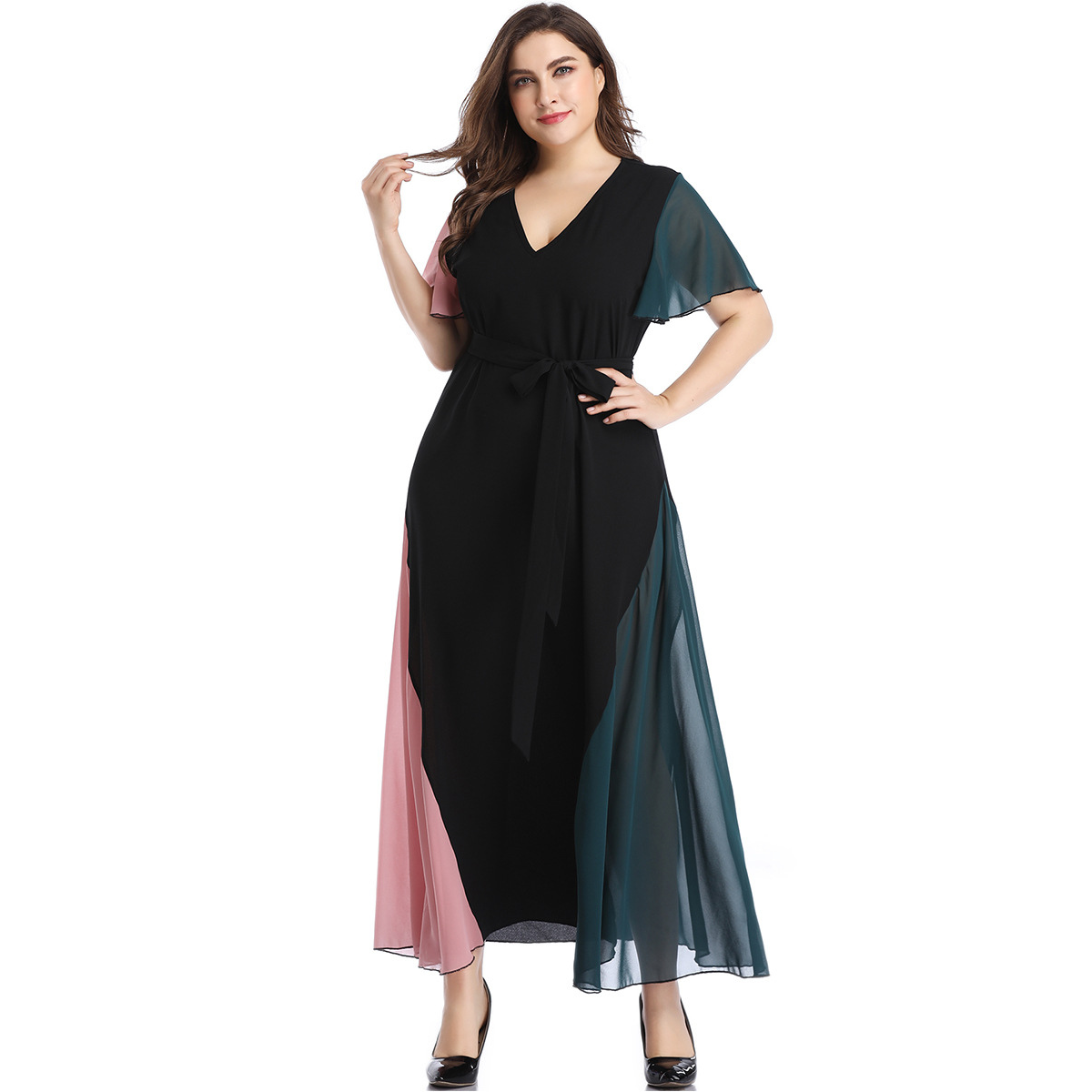Women V Neck Ruffles Short Sleeve Maxi Long Dress Plus Size Belted Multicolor Elegant Chiffon Dresses