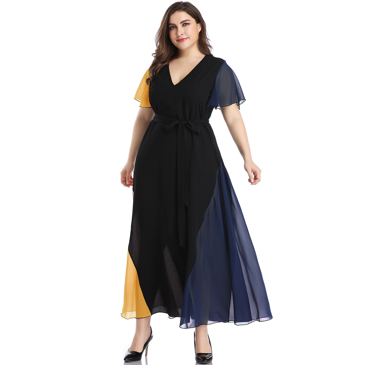 Women V Neck Ruffles Short Sleeve Maxi Long Dress Plus Size Belted Multicolor Elegant Chiffon Dresses