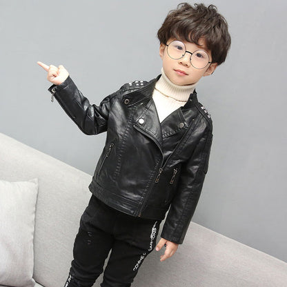 Kids Solid Color Leather Jacket Zip Up Coat Outerwear  | Nowena