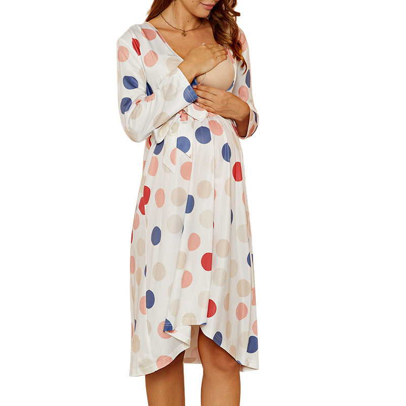 Polka Dot Print Front Short Back Long Breastfeeding Maternity Dress