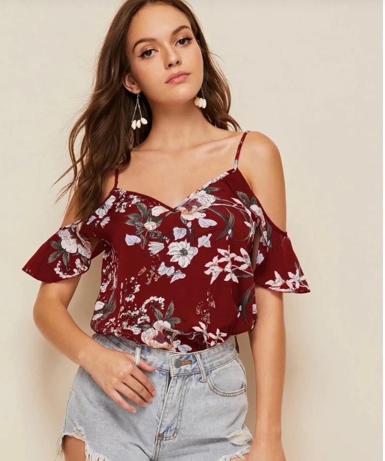 Women's Strapless Halter Chiffon Print Tank Top Loose With Sleeves Blouse Small Shirt