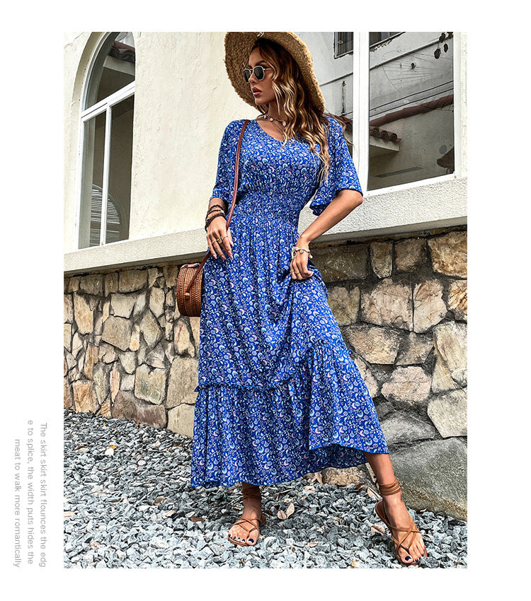 Women's V-neck Beach Lace Printing Dress | Nowena