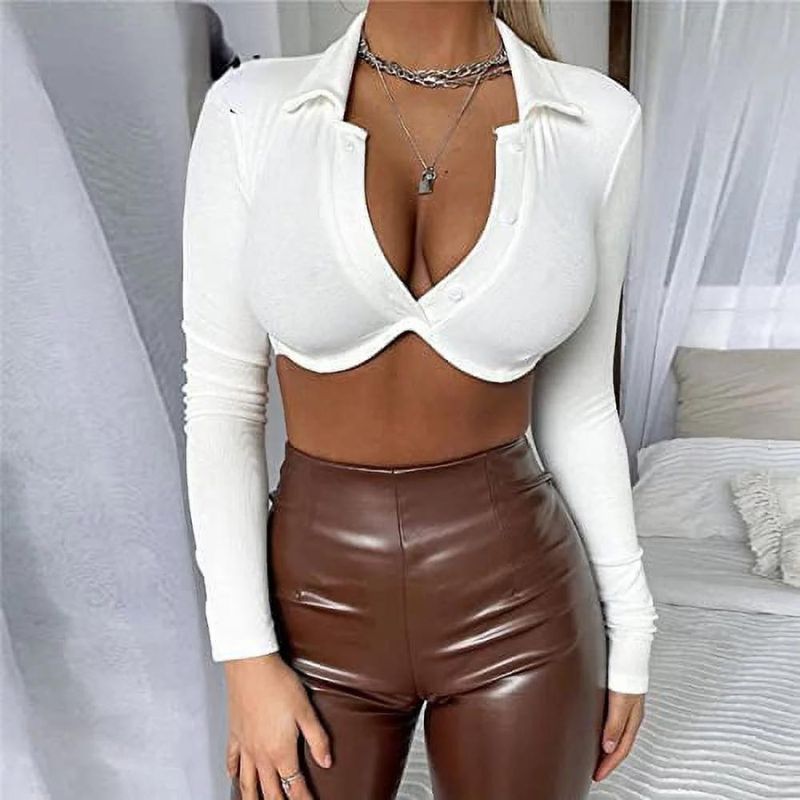 Lapel Breasted Short T-shirt Solid Color Top