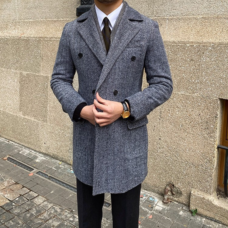 Daily Double Row Mid-length Tweed Coat Men | Nowena