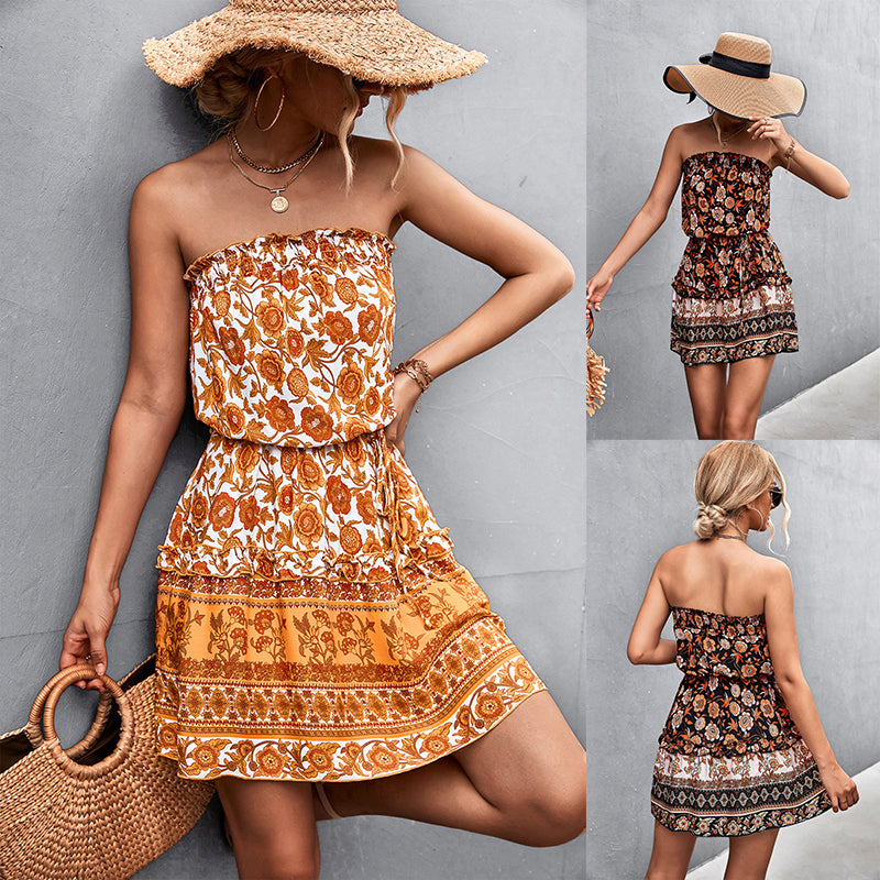 Women's Bohemian Floral Print Strapless Summer Beach Dress