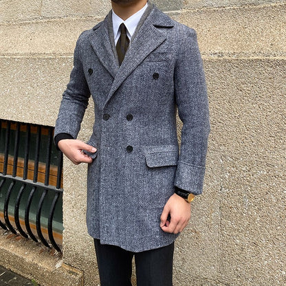 Daily Double Row Mid-length Tweed Coat Men | Nowena