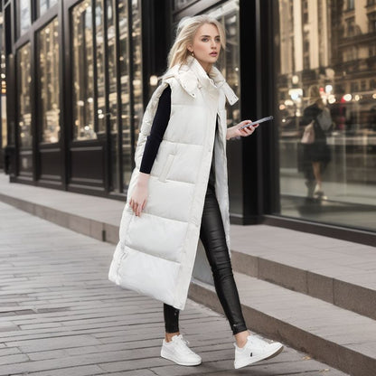 Women's Long Puffer Vest with Hood Winter Sleeveless Zip Up | Nowena