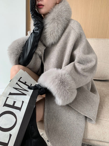 Cape Fox Fur Collar Cashmere Wavy Coat | Nowena