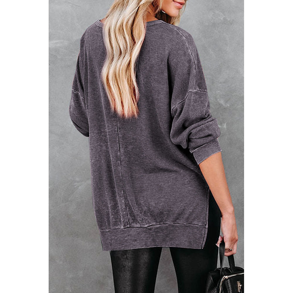 Knitted Side Slit Pullover Women Loose All-matching Long Sleeve Top | Nowena