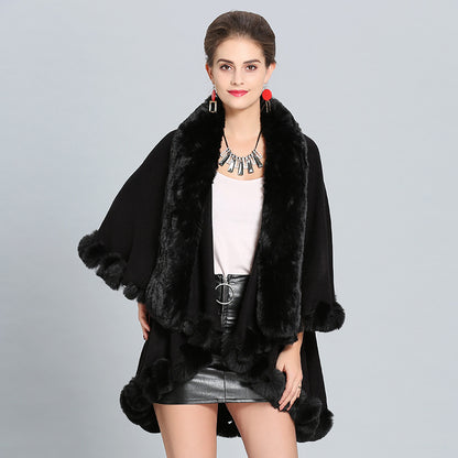 Loose Fox Fur Collar Double-layer Knitted Shawl Cloak Coat | Nowena