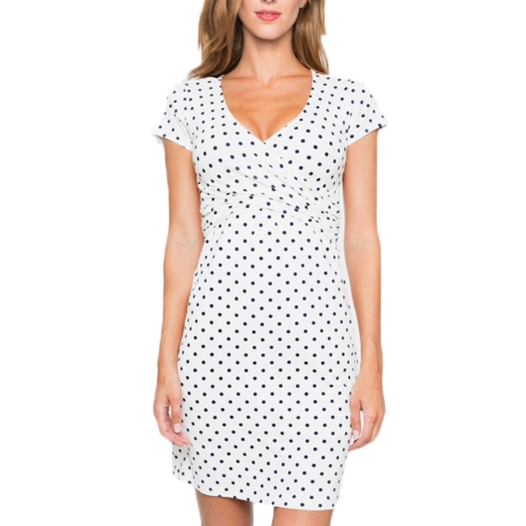 Nursing Clothes Polka Dot Print Short Sleeve V Neck Maternity Dress