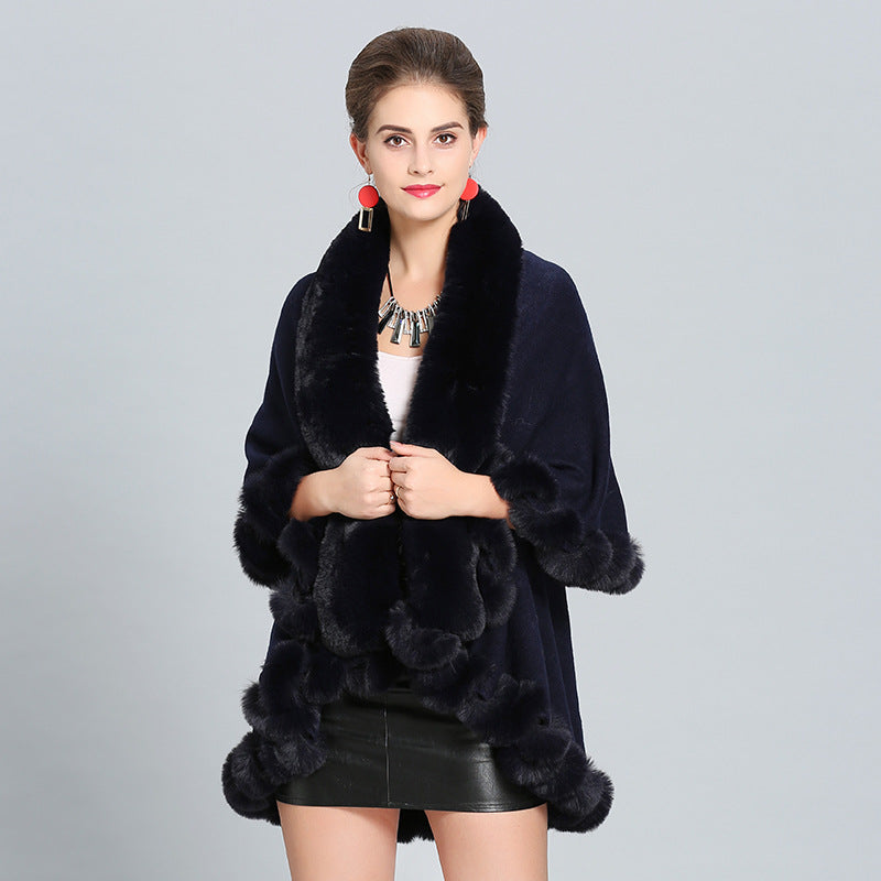 Loose Fox Fur Collar Double-layer Knitted Shawl Cloak Coat | Nowena