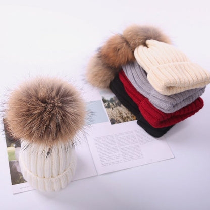 Unisex Kids Autumn and Winter Furry Ball Knitted Children's Wool Hat