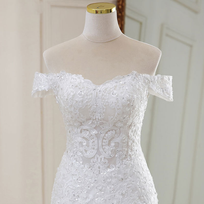 High Waist White Temperament Dream Lace Mid-waist Long Tail V-neck Wedding Dress