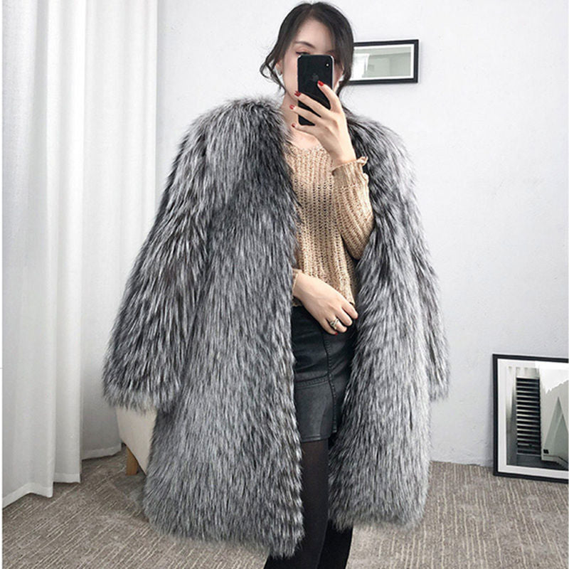 Mid-length Fox Fur Faux Fur Coat Women's Warm Leisure Overcoat | Nowena