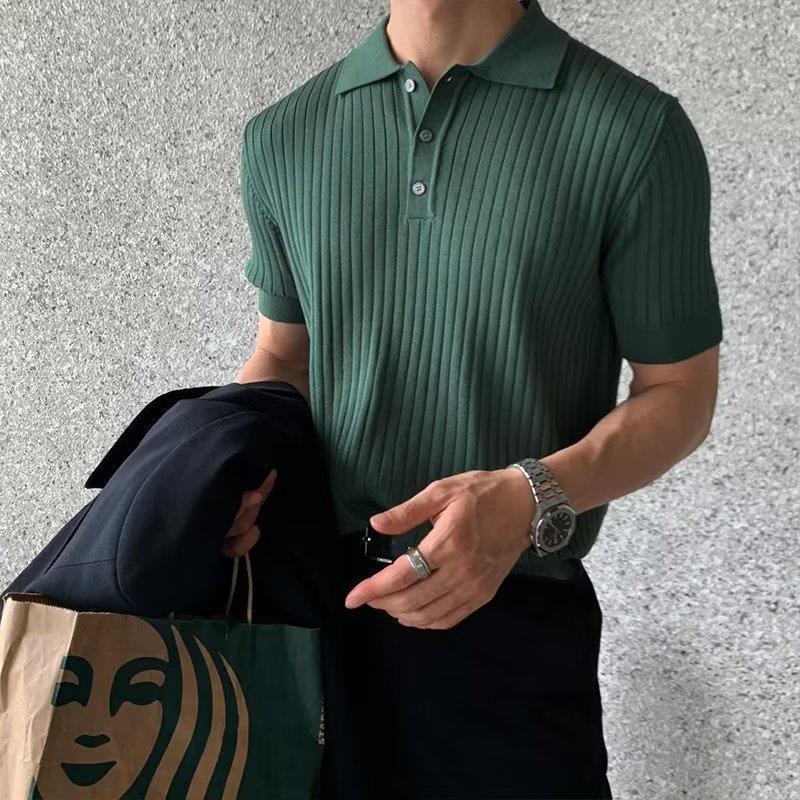 Lapel Polo Shirt Men's Fashion Brand Casual Summer Texture Solid Color Korean Style Knitwear Short Sleeve T-shirt
